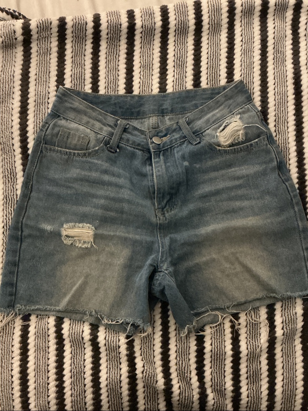 High-Rise Distressed Denim Shorts - Blue